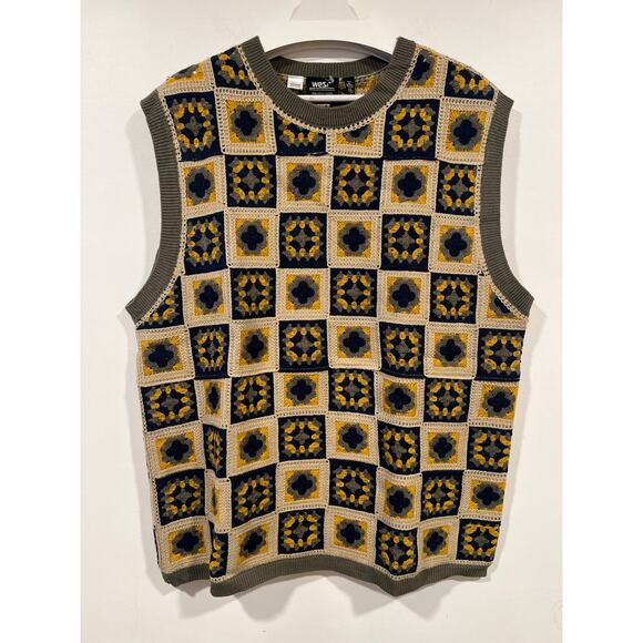 NWT Boho WeSC Granny Square Crochet Sweater Vest Mens XL Earth Tone XL - Picture 2 of 6